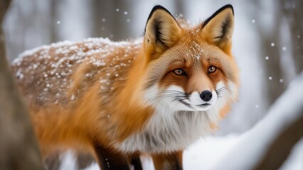 red fox in the snow, red fox standing in the falling winter snow. 