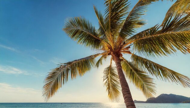  Blue sky and palm trees view from below, vintage style, tropical beach and summer background