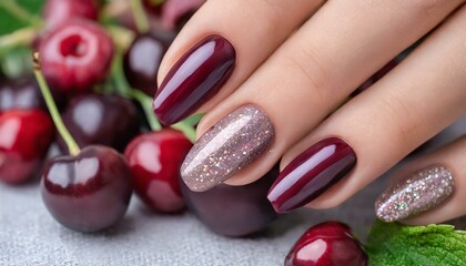 Glamour woman hand with deep berry and plum nail polish on fingernails. Nail manicure 