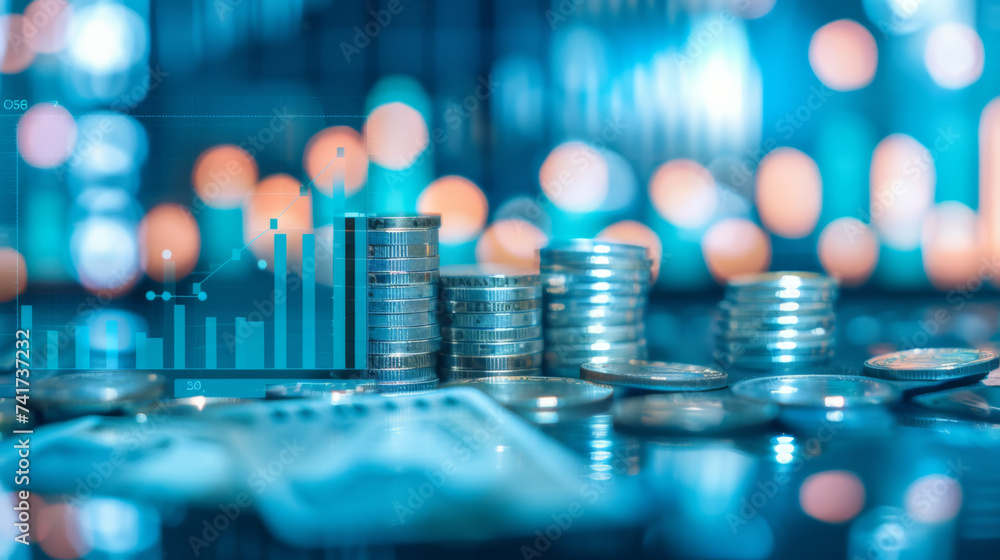 Poster stacks of coins with a backdrop of glowing blue digital graphs and circuitry, symbolizing the inters