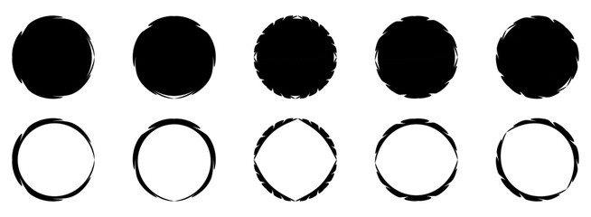 Hand-drawn of decorative creative handmade artwork vector set. Black abstract ink circle paint brush strokes drawing.