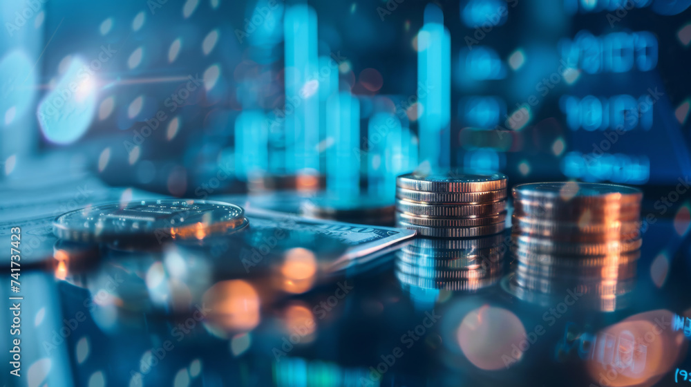 Poster stacks of coins with a backdrop of glowing blue digital graphs and circuitry, symbolizing the inters