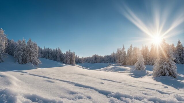 winter landscape with snow covered trees, winter space of snow with blue sky and sun rays.   a photo  a cold and bright mood  