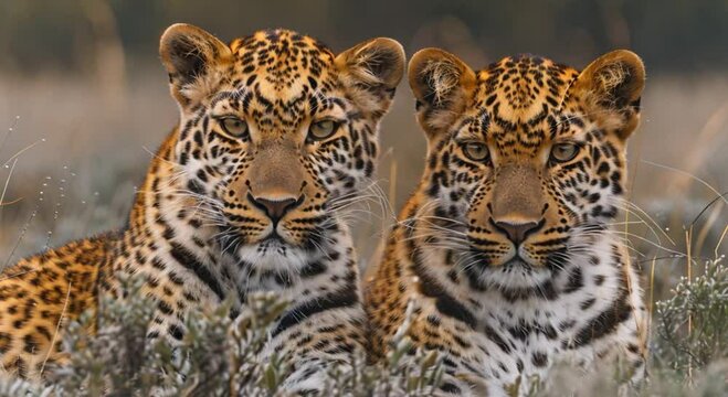 pair of leopards in the grassland footage