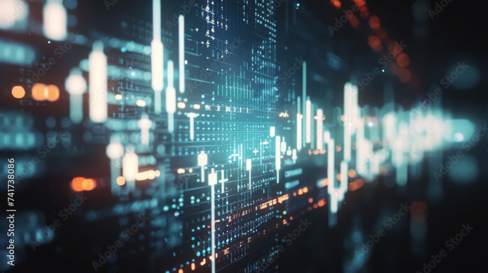 Poster digital financial graph with fluctuating stock market data and trading indicators