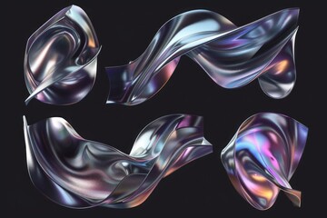 Set of holographic liquid metal shapes isolated on a black background