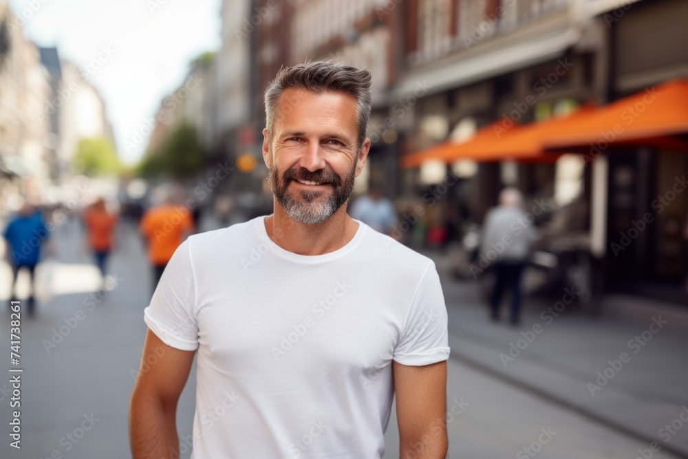 Poster Portrait of a smiling middle-aged man in a white T-shirt on a city street