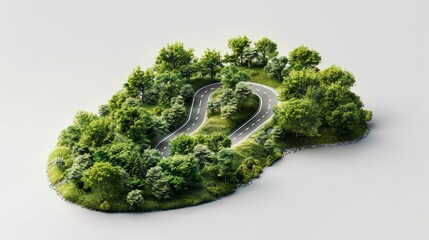 A unique 3D illustration portraying a segment of green highway road in isolation, showcasing creative travel and tourism concepts with off-road design elements such as trees