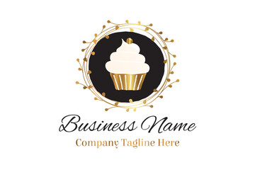 Black and Gold Round Cupcake Logo or Muffin Icon for Bakery
