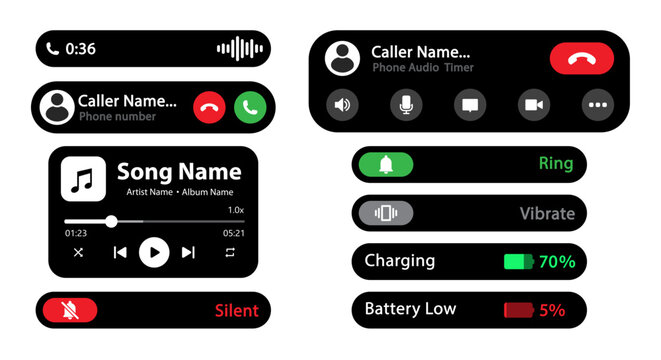 Dynamic island interface design elements vector image modern design in dark mode with music, call, ring, silent, vibrate mode, video call and battery percentage components - Vector Icon
