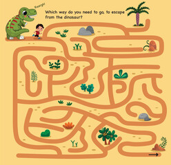 Maze puzzle game for children with cute cartoon prehistoric dinosaur and little boy. Vector illustration.