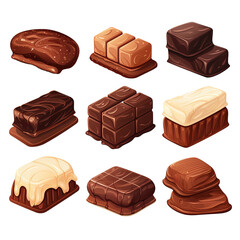 Set of various types of chocolate bar blocks isolated on white or transparent background