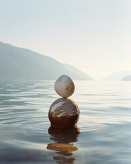 Zen-like balance of smooth stones in tranquil water with mountain backdrop, symbolizing peace and mindfulness