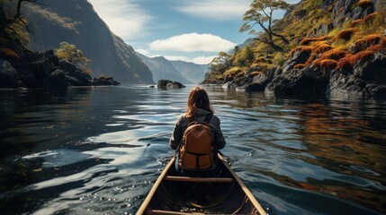 Fototapeta premium Woman paddling a kayak on a beautiful lake surrounded by mountains
