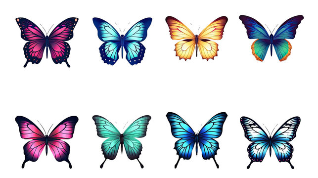 Collection of multicolored butterflies isolated on transparent background.