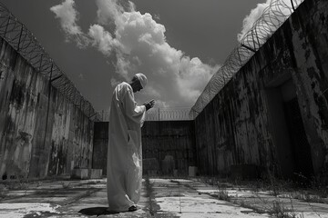 Elderly man in traditional attire stands solemnly in a prison yard, head bowed in prayer, under the vast sky surrounded by high barbed wire walls