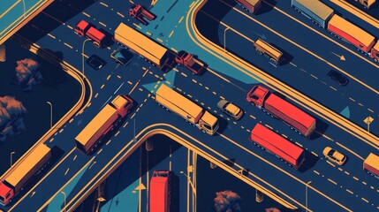 An abstract background featuring trucks and transportation elements, depicting highways and delivery concepts - obrazy, fototapety, plakaty