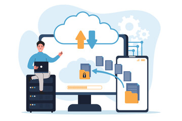 Cloud computing isolated. Secure connection, storage and cloud technology.Data transfer folders with documents, data storage, brainstorming, teamwork Vector illustration. 
