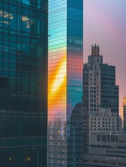 Fototapeta na wymiar Modern skyscraper reflecting a vibrant rainbow, symbolizing hope and diversity in urban life