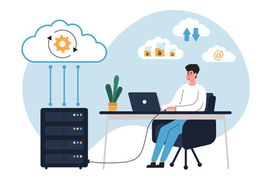 Cloud computing isolated. Secure connection, storage and cloud technology.Data transfer folders with documents, data storage, brainstorming, teamwork Vector illustration. 