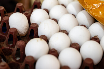 Close up of eggs in carton box for sale at market