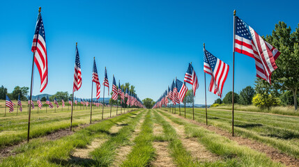 American Flags Display for Flag Day: Rows of Stars and Stripes Waving in Field Against Clear Blue Sky, Symbolizing National Pride and Unity