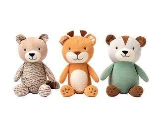 Set of 3 stuffed animal toys isolated on white or transparent background