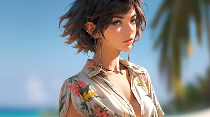 Beautiful girl with brunette hair in anime style. - obrazy, fototapety, plakaty