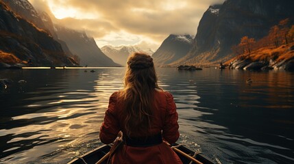 A girl in a red dress is rowing a boat on the fjord in Norway.