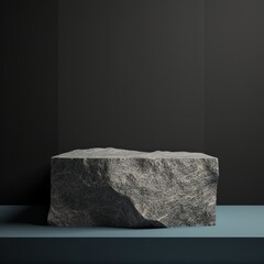 Dramatic product presentation on rugged stone block with dark atmospheric background, evoking luxury and exclusivity