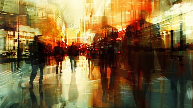 An abstract image portraying businesspeople walking on the street