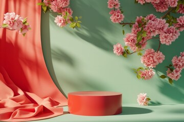 Serene Podium with Blooming Pink Flowers and Draped Coral Fabric.