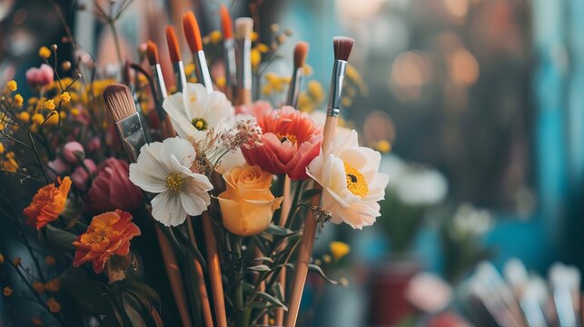 Artistic Arrangement of Paint Brushes and Colorful Fresh Flowers in a Creative and Inspirational Setting