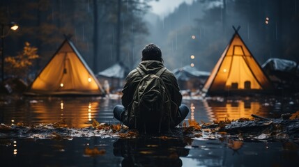 Man in raincoat sitting at the edge of a lake and looking at the tent. - obrazy, fototapety, plakaty