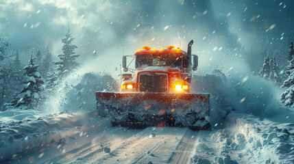 A formidable snowplow truck head-on, its lights piercing through a blizzard as it pushes snow off a residential road ,generative ai