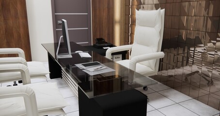 Panoramic CEO office interior with white walls, concrete floor, white computer desk with chairs for visitors and a window with a blurry cityscape simulated up the wall to the left. 3D rendering.