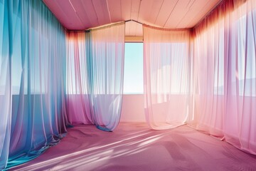 Flowing white curtain against a pink and blue gradient, symbolizing tranquility and a soft, dreamy atmosphere