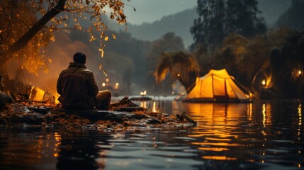 Young man sitting on a rock by the lake and looking at the campfire