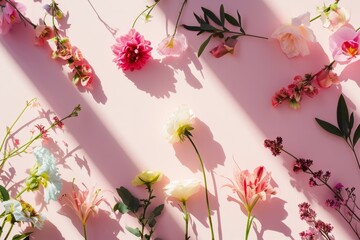 A fresh array of garden flowers casts elegant shadows on a dual-tone pink backdrop, perfect for spring and botanical themes