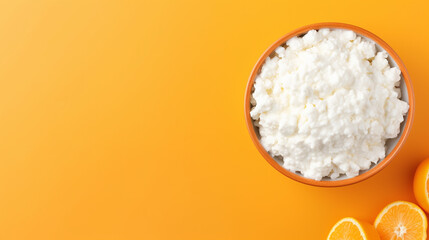 Cottage cheese in a bowl with oranges on orange background. Top view