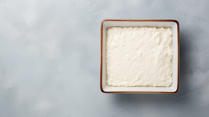 Cottage cheese in a square bowl on a gray background, top view