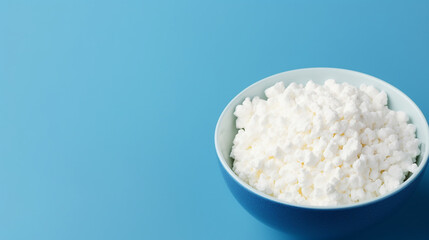 Cottage cheese in a bowl on blue background with copy space