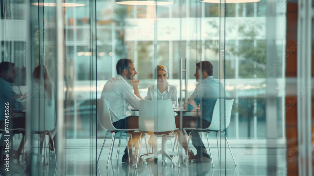Aufkleber two professionals are engaged in a focused conversation at a table in a modern office environment, w