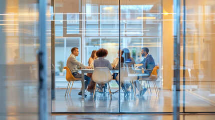 Two professionals are engaged in a focused conversation at a table in a modern office environment, with reflections and foliage adding depth to the scene.