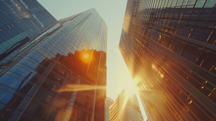 A scenic view captured from the bottom of modern skyscrapers in a bustling business district during the evening light at sunset. The image includes a lens flare filter effect for added ambiance