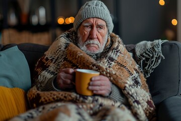 sick grandfather drinking infusion and wrapped in a blanket - Powered by Adobe