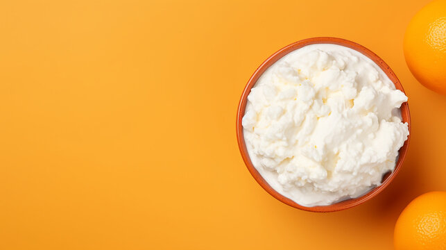Cottage cheese in a bowl with oranges on orange background. Top view