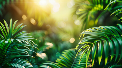 Bright green palm leaves under the summer sun, depicting a vibrant and fresh tropical garden scene...