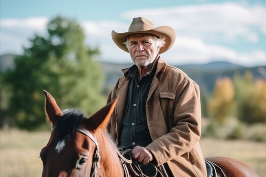 Portrait of a senior cowboy sitting on his horse in the field