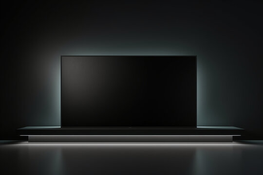 Minimal style image empty tv screen 3d render. There are a mysterious dark room, Decorate with black tv with clipping at the screen